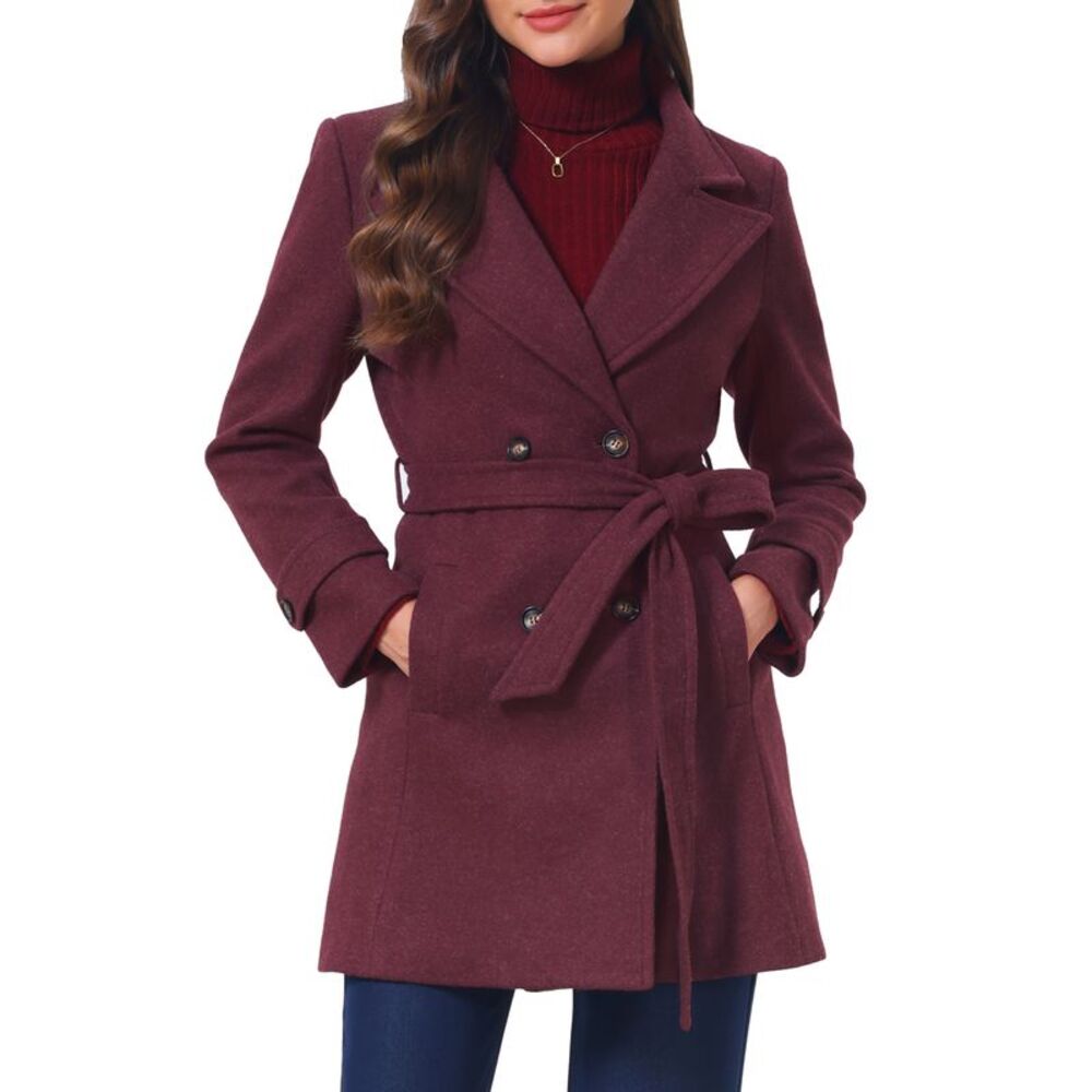 Women's Winter Pea Coat Belted Lapel Collar Elegant Trench Coats Burgundy